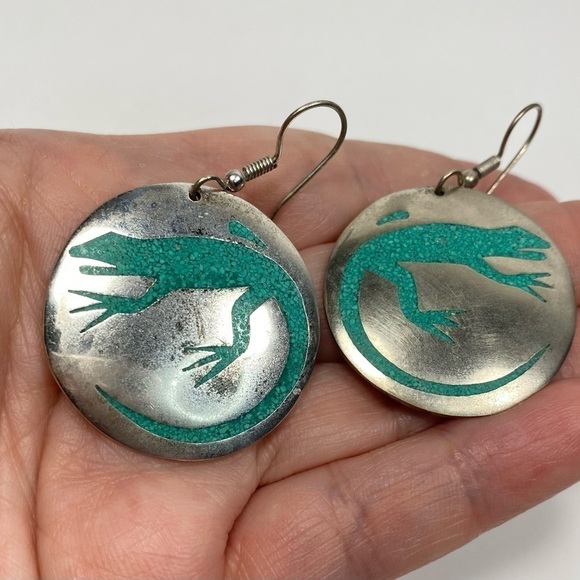 Alpaca Mexico Earrings Dangles Artisan Vintage Lizard Inlaid Turquoise - Picture 8 of 11